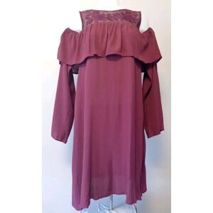 mittoshop Women Wine‎ Red Cold Shoulder Floral Mesh Longsleeve Dress Size S